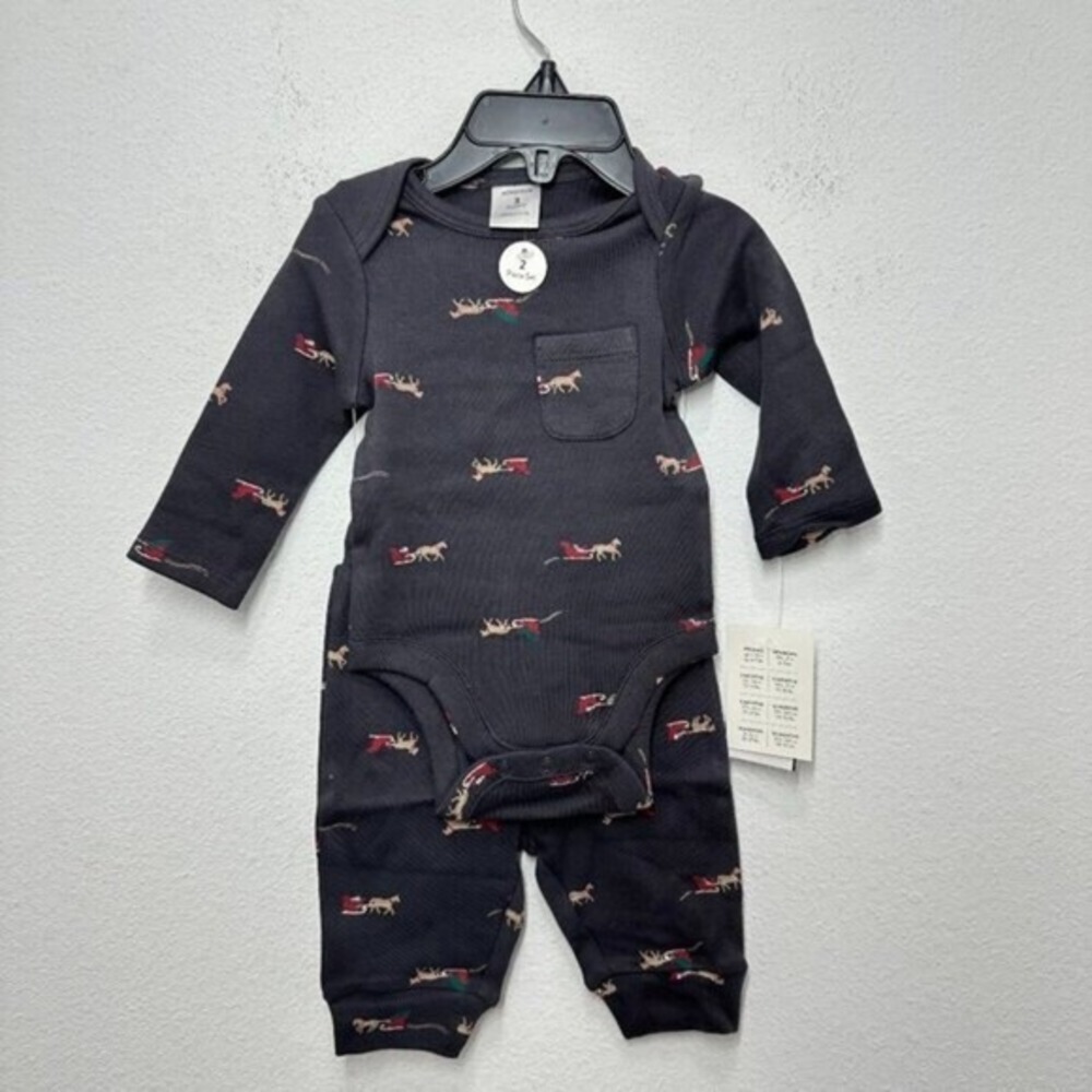 Nordstrom Baby Holiday 2 Piece Set Navy‎ Blue Santa Sleigh 100% Cotton NWT